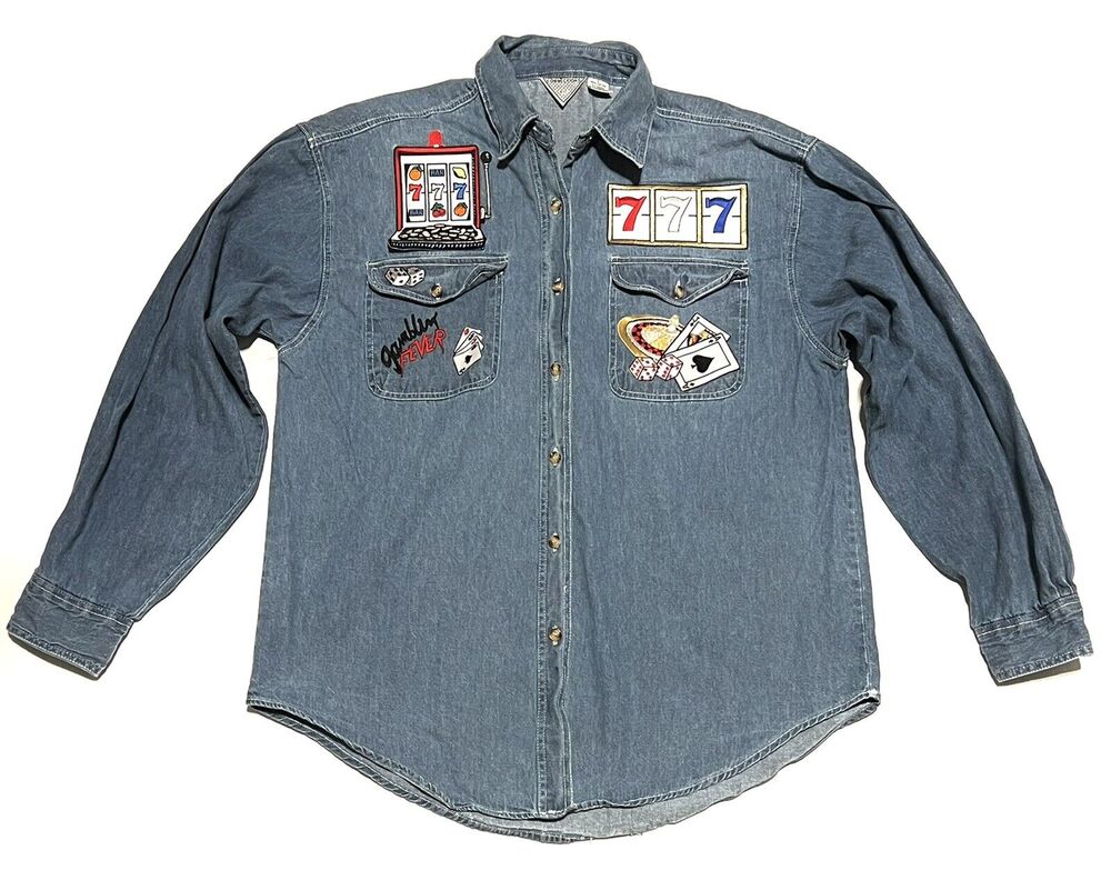 Vintage Jackpot Casino Denim Shirt Womens Sz L Gambling Fever + 2 BUTTON COVERS